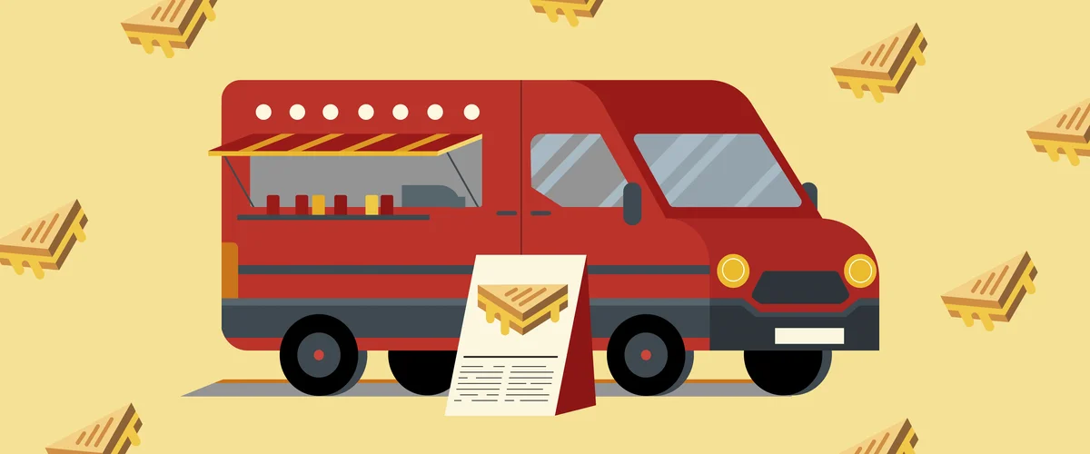 Illustration of a food truck against a background of sandwiches. There is a sandwich board in front of the truck.