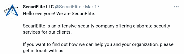 Tweet from SecuriElite announcing new company