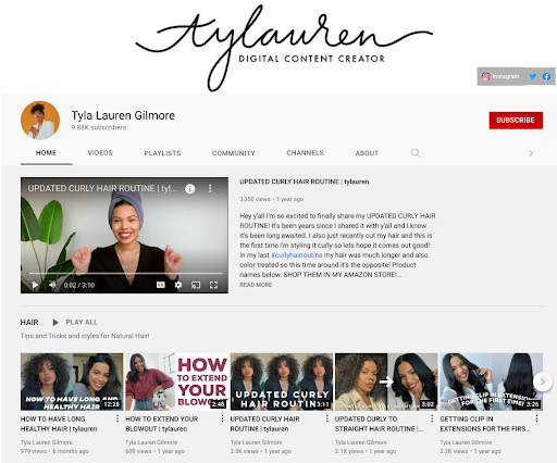 Tyla-Lauren’s YouTube homepage features a hero video on her new curly hair routine, along with five other hairstyling videos.