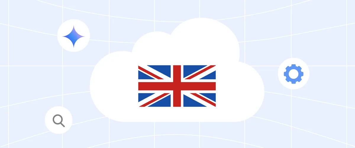 An illustration of a white cloud on a light blue background. There is a Union Jack in the centre of the cloud to represent the UK.