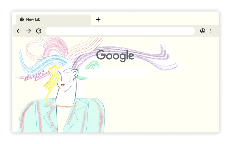 Chrome browser theme featuring a person with multi-colored hair flowing across the frame in all directions.