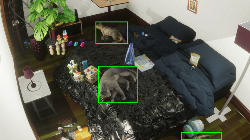 A synthetic room with synthetic cats