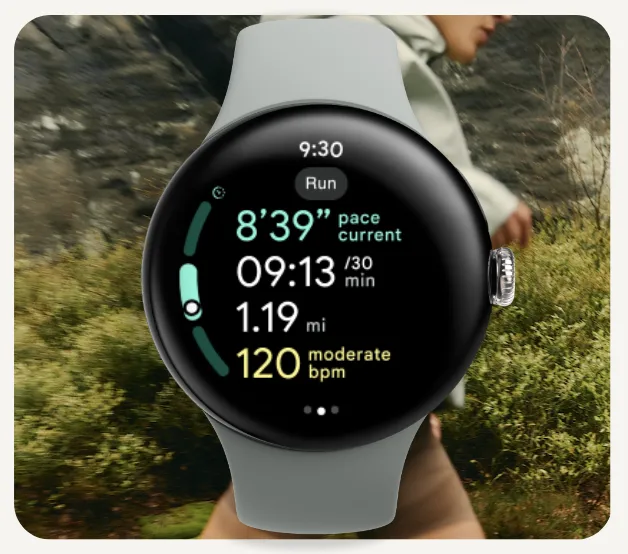 The in-run display with Hazel Active Band is featured on Pixel Watch 3