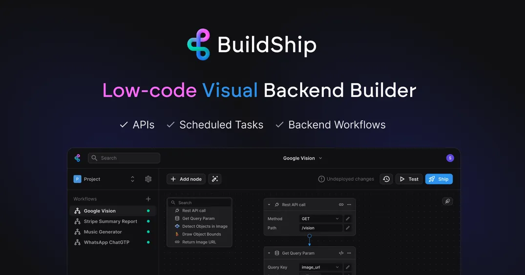 A screengrab of BuildShip's platform, showing the workflow builder for projects