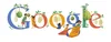 An image of a Google logo, with illustrations of kids competing in sack races and fruits hanging on strings within the Google logo.