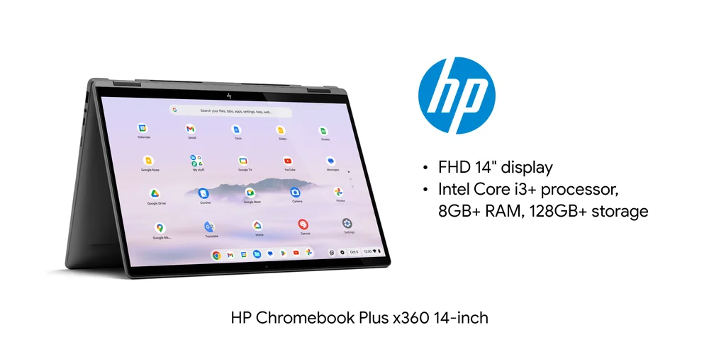 Image of a laptop with HP logo and details including display, processor, RAM, storage and price.