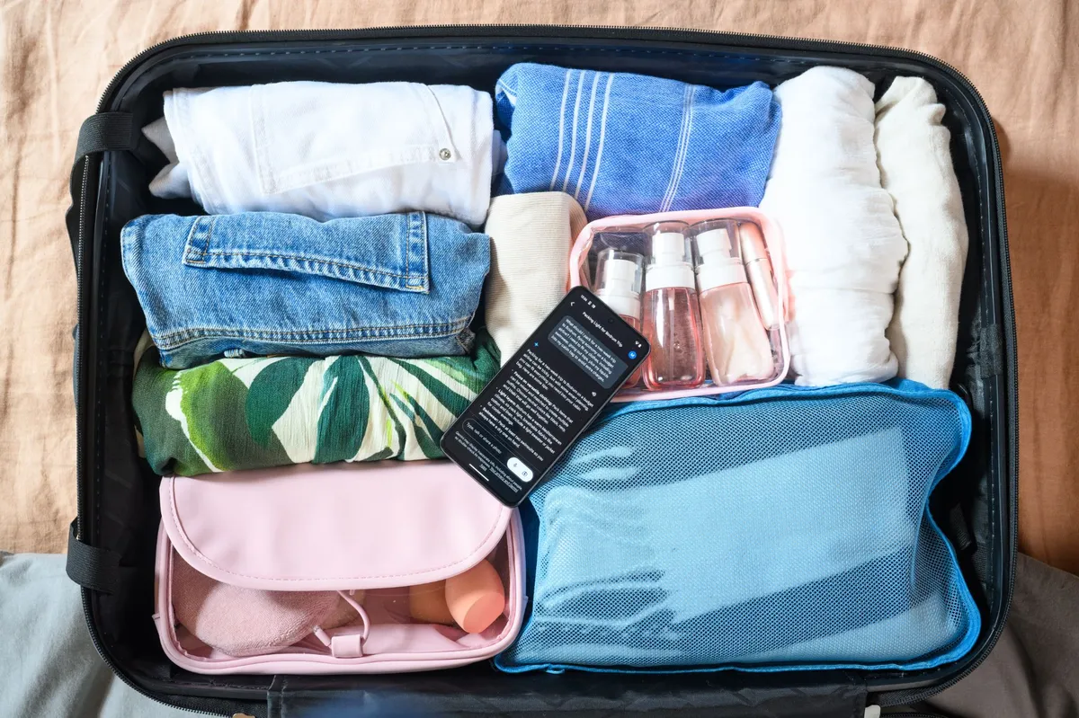 Photo of a suitcase with clothes packed in it and a mobile phone on top of the open case representing Gemini