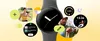 A collage-style illustration with a charcoal-colored watch in the center, surrounded by circles and rounded squares showing different aspects of the Wear OS experience, like a small Spotify Playlist and step count, as well as two users looking at their watches while exercising.