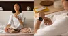 Image côte à côte ; à gauche, une femme assise les jambes croisées sur un lit et faisant un exercice de respiration ; à droite, une femme vérifie la réponse du corps sur la Pixel Watch 2 avec le bracelet extensible en porcelaine.