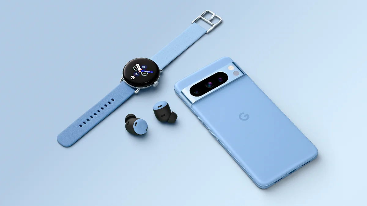 Image des Pixel 8 Pro, Pixel Buds Pro et Pixel Watch 2 dans la couleur Bay