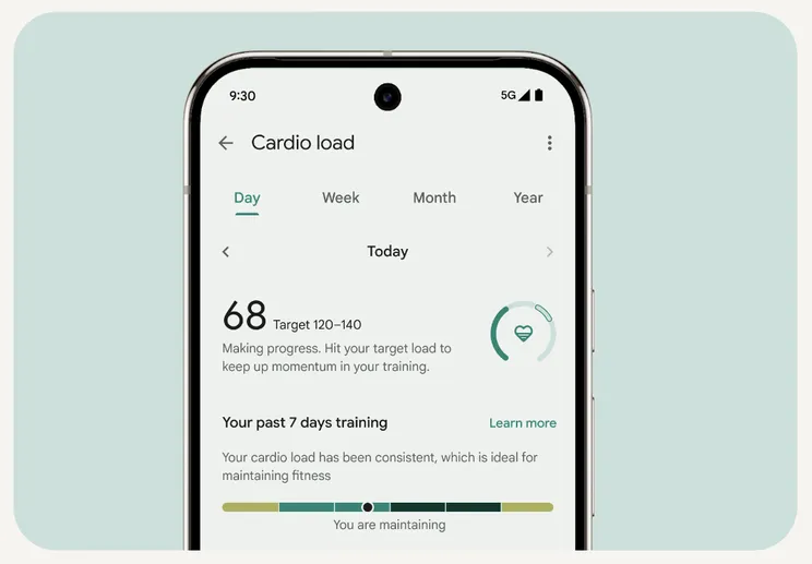 A mobile phone displays daily Target Cardio Load and training history in the Fitbit app.