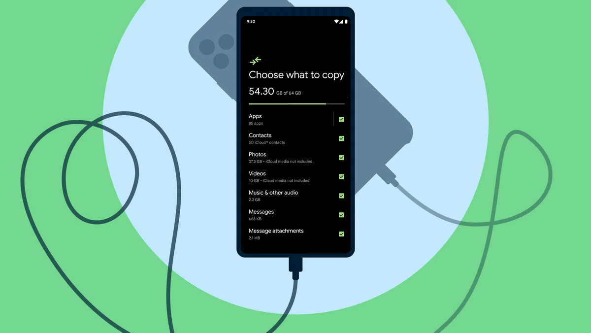 Android phone showing the device set up page with options for what data to copy over. Phone shows a cable connecting it to another phone in the background.