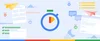 Illustration of various Google product icons: Docs checklist, Chrome browser, chat icons, Google Calendar dates, alongside drawings of paper airplanes, a moon and clouds, and in the center an abstract illustration of a time.