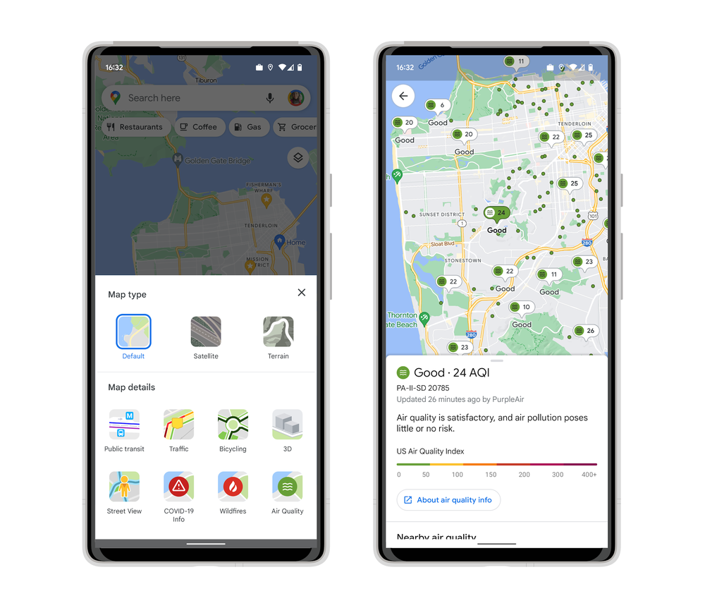 Two smartphone screens showing the air quality layer on Google Maps