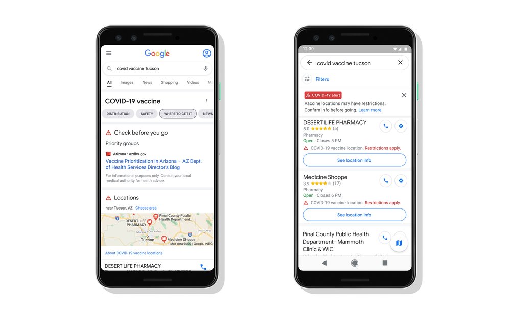 Two phones displaying the locations of vaccination sites in Search and Maps results