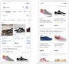 Two phones are depicted showing shoes for sale on the Shopping tab. The phone on the left highlights a pair and reads “Free delivery by Fri, Dec 24” and the one on the right highlights a pair and reads “Free 90 day returns.”