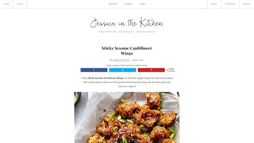 A screenshot of a recipe for Sticky Sesame Cauliflower Wings from Jessica in the Kitchen.