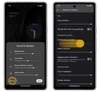 Two side-by-side mock-ups of Pixel phones. The first shows the Sound & vibration tab open and the “settings” icon in the lower left-hand corner is selected. On the other mock-up the “vibration & haptics” tab is open to show the “notification vibration” slider selected.