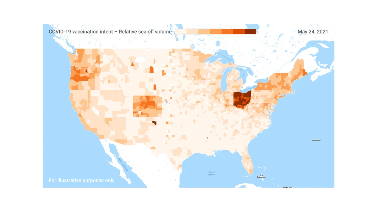 Relative search volume for COVID-19 vaccination intent in the U.S. on 5/24/21