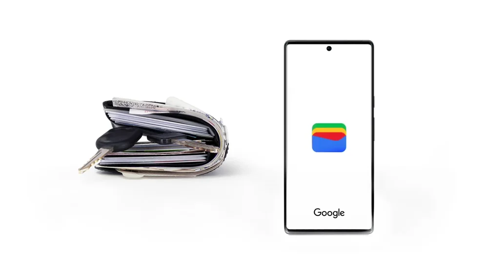 The image shows a Pixel phone with the word "Google" on it and the Google Wallet logo in the middle. To the left of the phone, there's an overly stuffed wallet with car keys tucked into it.