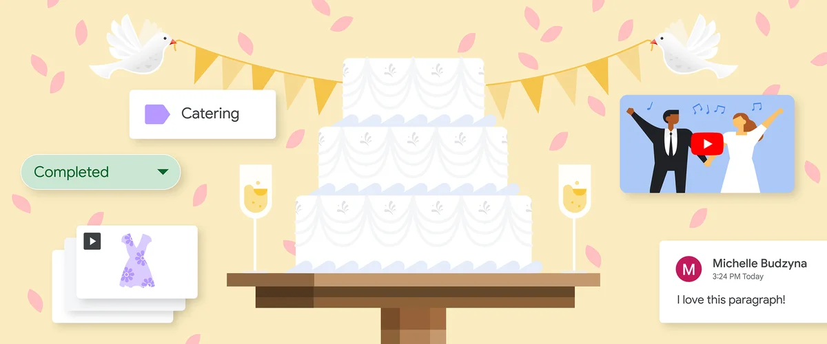 Illustration of a wedding cake, champagne glasses and a golden banner carried by white doves surrounded by wedding-related Gmail labels, Google Doc comments and YouTube videos.