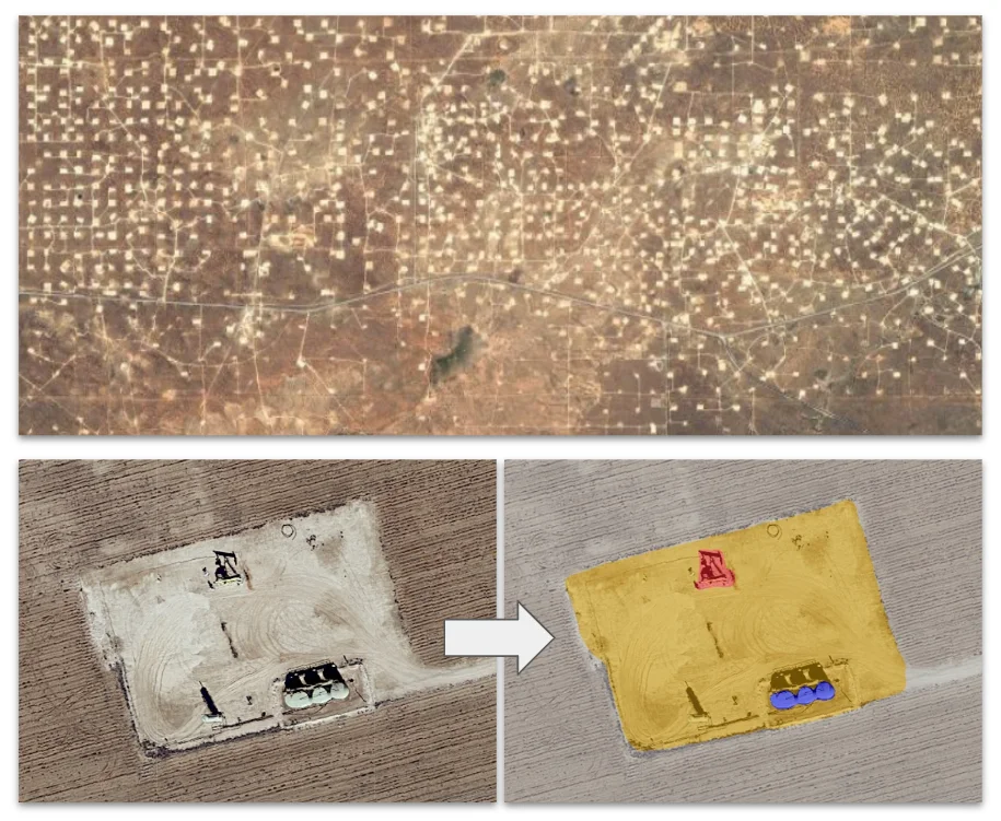 Three images show how AI can detect oil and gas infrastructure. The top satellite image shows a map of dots, which are correctly identified as oil well pads. The two images below show a zoomed-in image of a well pad, along with specific infrastructure components, like pump jacks and storage tanks, highlighted in red and blue respectively.