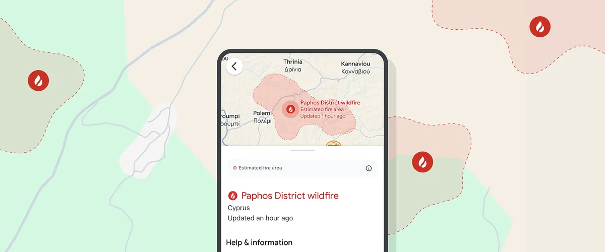 La mappa mostra il confine di un incendio boschivo a Cipro