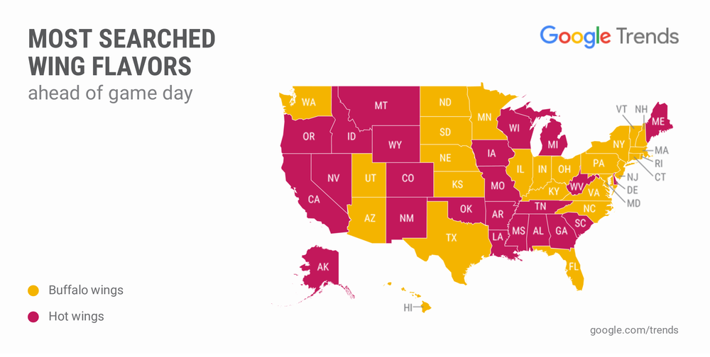 Map of the United States showing which the most-searched wing flavors were by state.