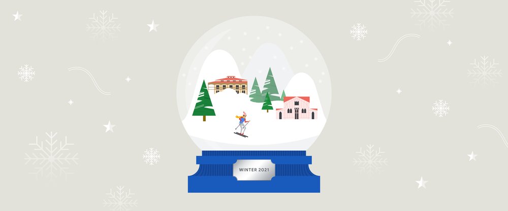 Illustration of a snowglobe with a skiier and a festive village around him inside.