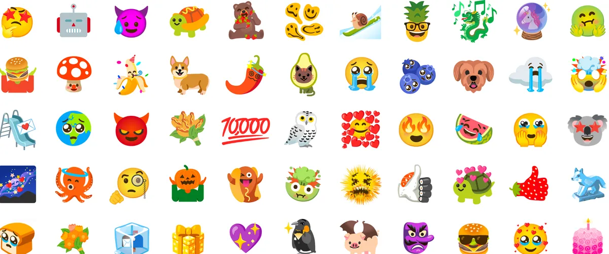 Five rows of 11 emoji each; emoji include a cat with an avocado shape around its head, a thumbs up with a strawberry print overlaid and a turtle with pink hearts around it.