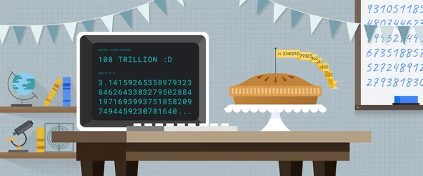 An illustration of a computer screen with the numbers of pi written out on it. On the table next to the computer is a pie; there are celebratory decorations in the background.