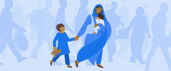 An illustration of a mother and two children walking through a crowd.