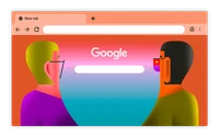 Chrome browser theme with one person in a purple shirt facing another person in a green shirt looking out into the world.