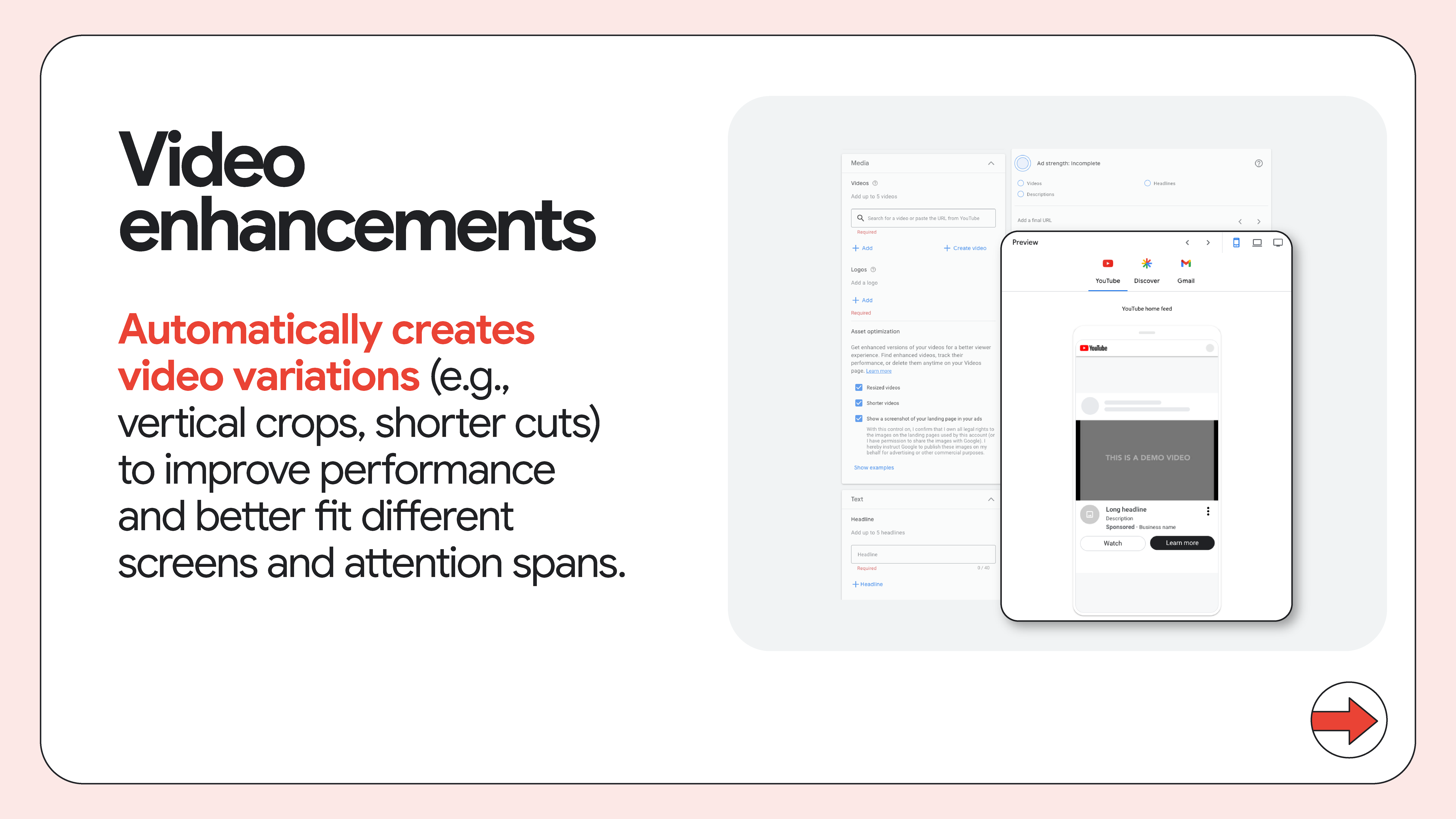 Google Ads interface showing someone selecting Video Enhancements.