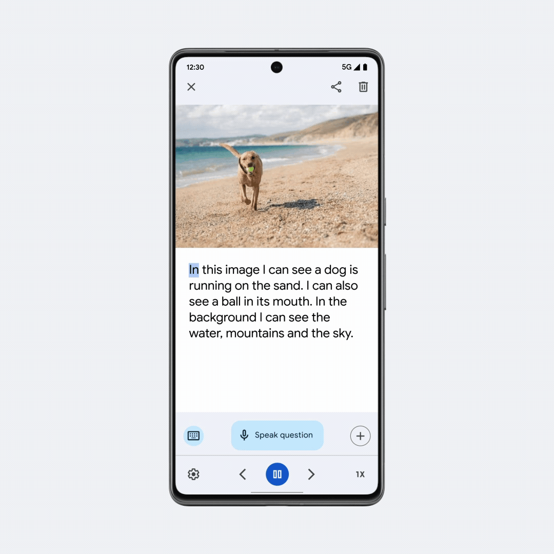 Uso do Image Q&A no Lookout em celular Android para ouvir uma descrição de imagem gerada por IA e fazer perguntas adicionais.