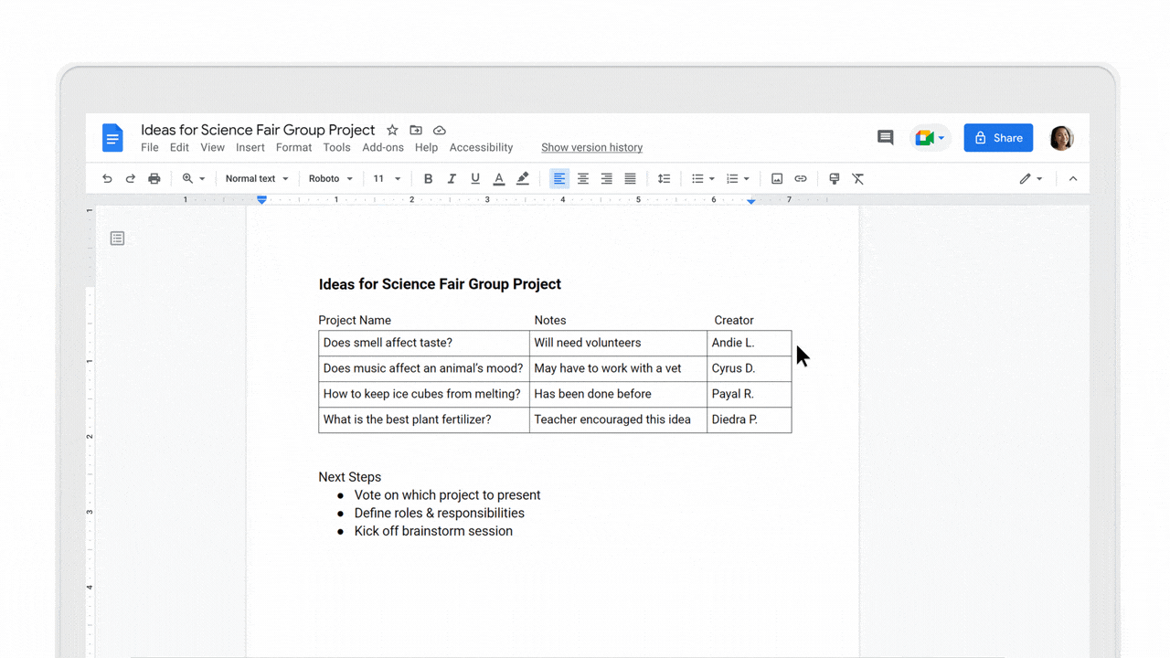 Animated image of joining a Meet call directly from Google Docs.