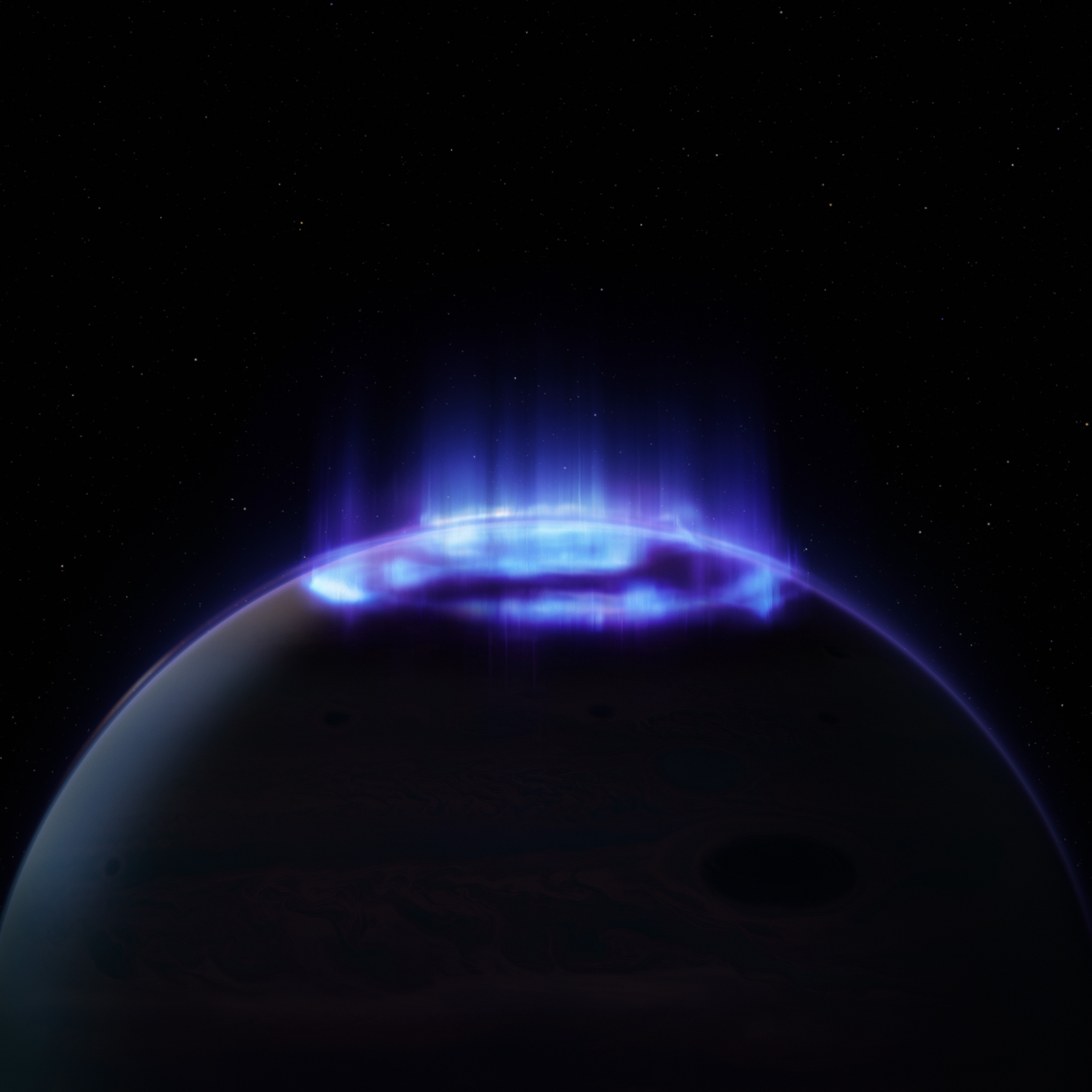 Part of the planet filling up half the image, with an electric blue and purple aurora swirl at the top of the planet, while the rest of the planet remains dark excepting a sliver of light on the left side.