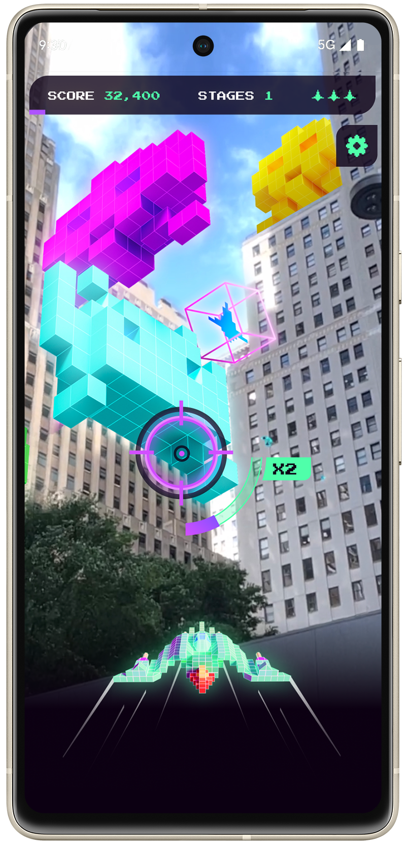 Space Invaders: World Defense augmented reality gameplay showing 3D Invaders popping up around buildings in a city.