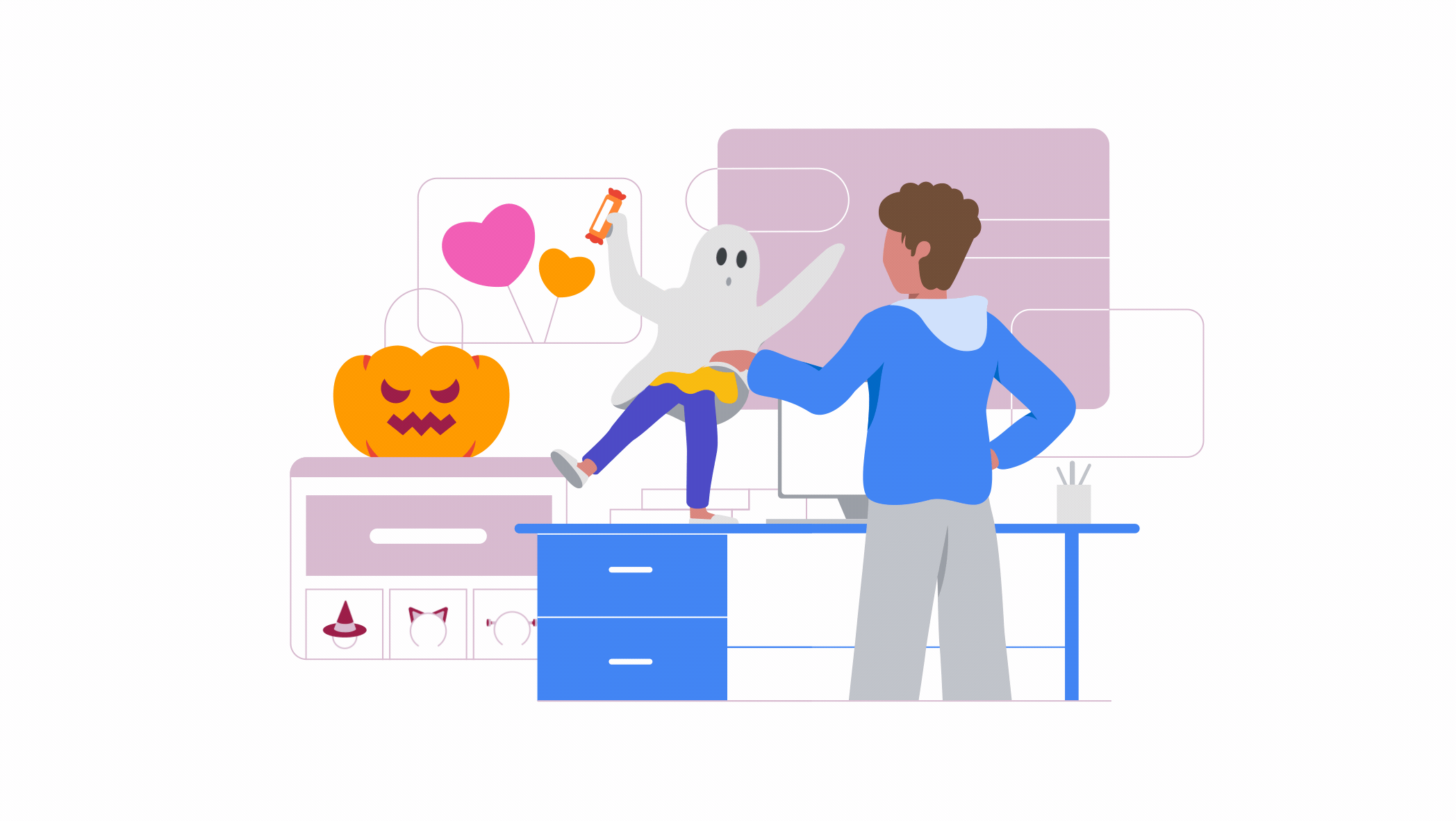 Animation of a dad lifting a ghost costume off his child, who is standing on a desk with candy in her hand. In the background is a Halloween pumpkin on top of a website displaying costumes.