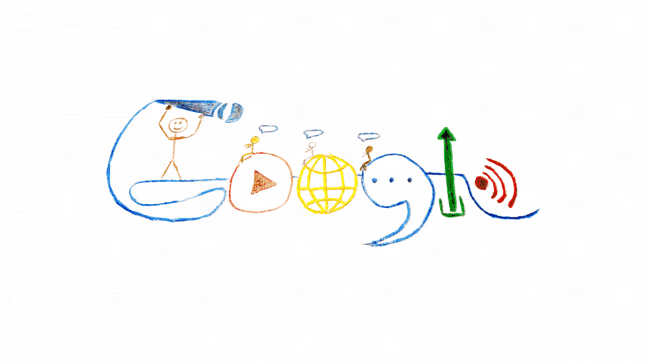Scrolling images of Google Doodle submissions from teachers, including sketches of classrooms, teachers raising voices of students and students learning.