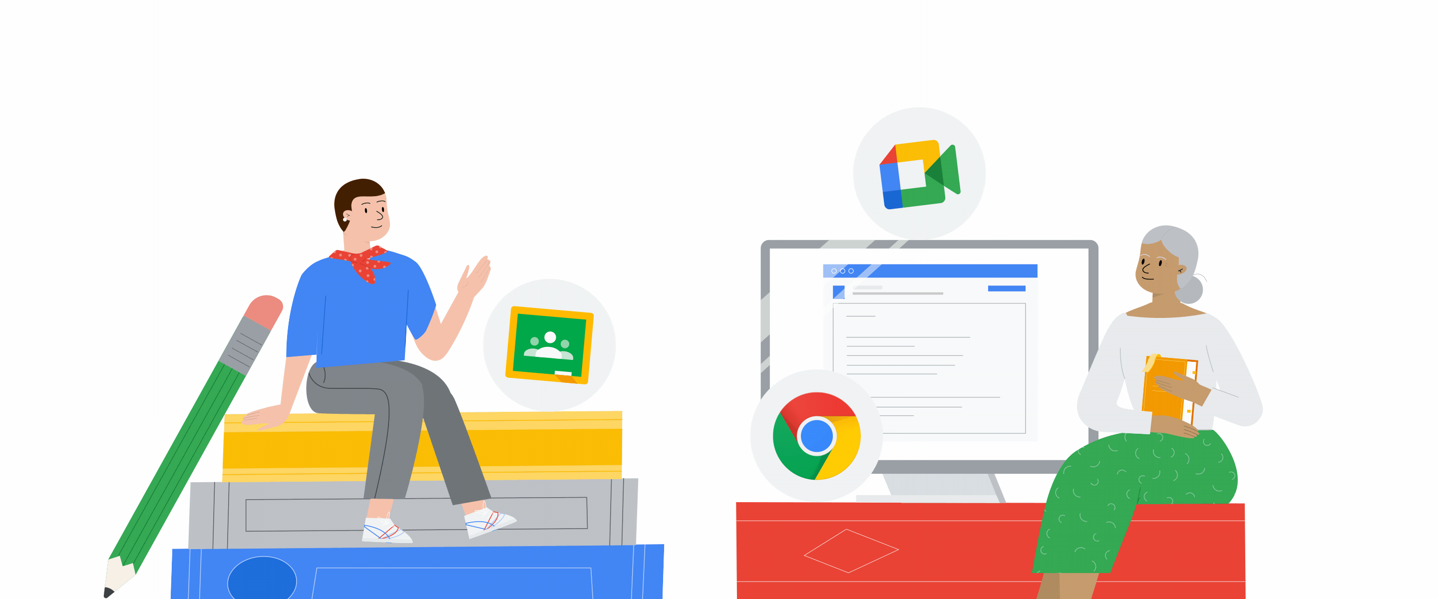 Student sitting on stack of oversized books, talking to teacher who is seated in front of an oversized computer screen. Google Classroom, Google Meet, and Google Chrome icons are scattered into the scene.