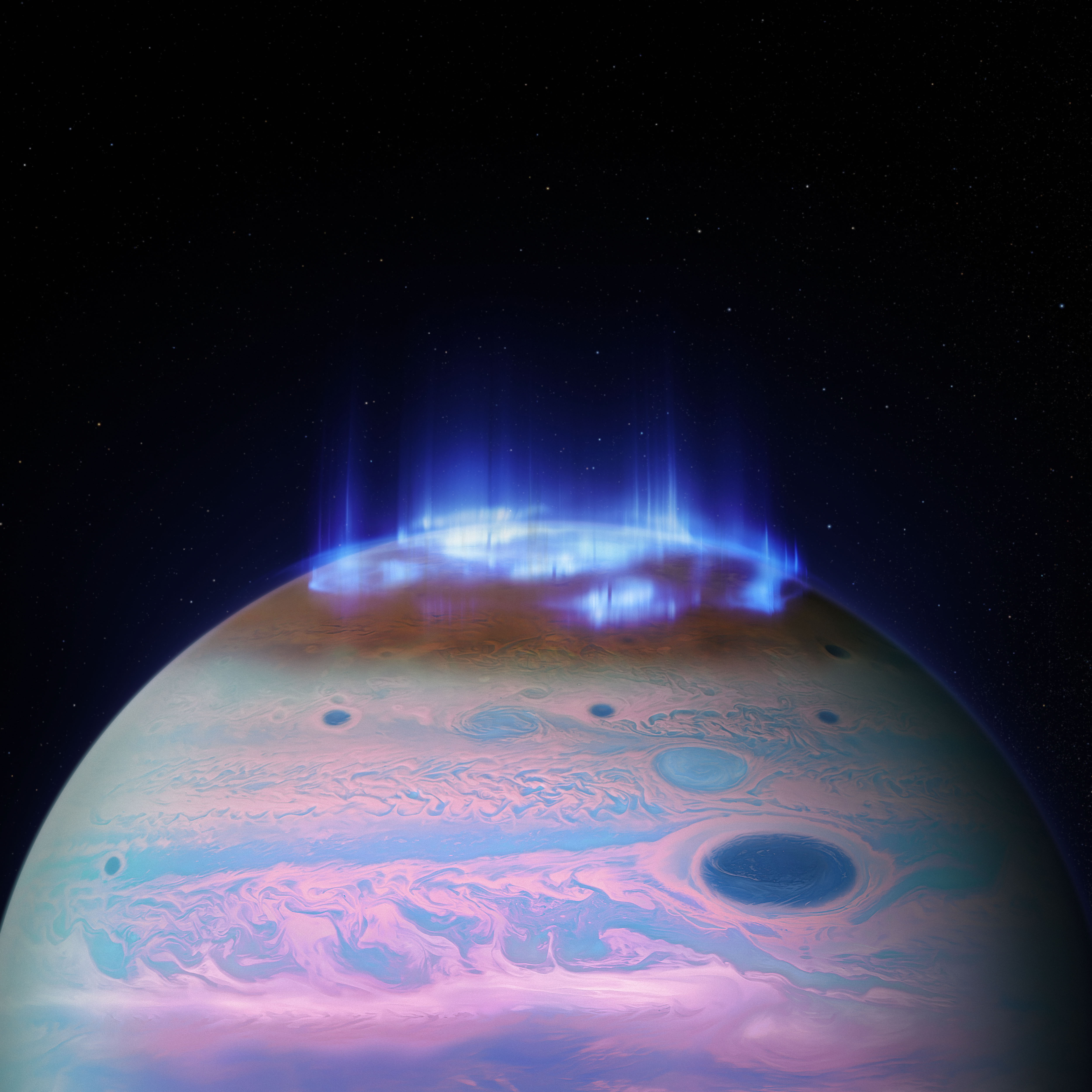 Part of the planet filling up half the image, with an electric blue and purple aurora swirl at the top of the planet, while the rest of the planet also swirls with color