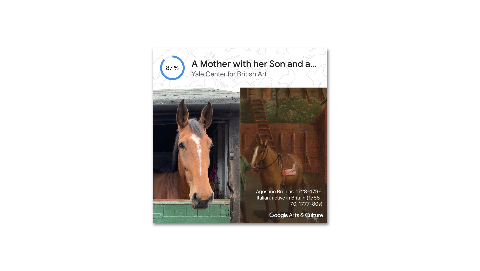 Photo of an elegant horse in a stable matched with a painting of a horse led by a rider.
