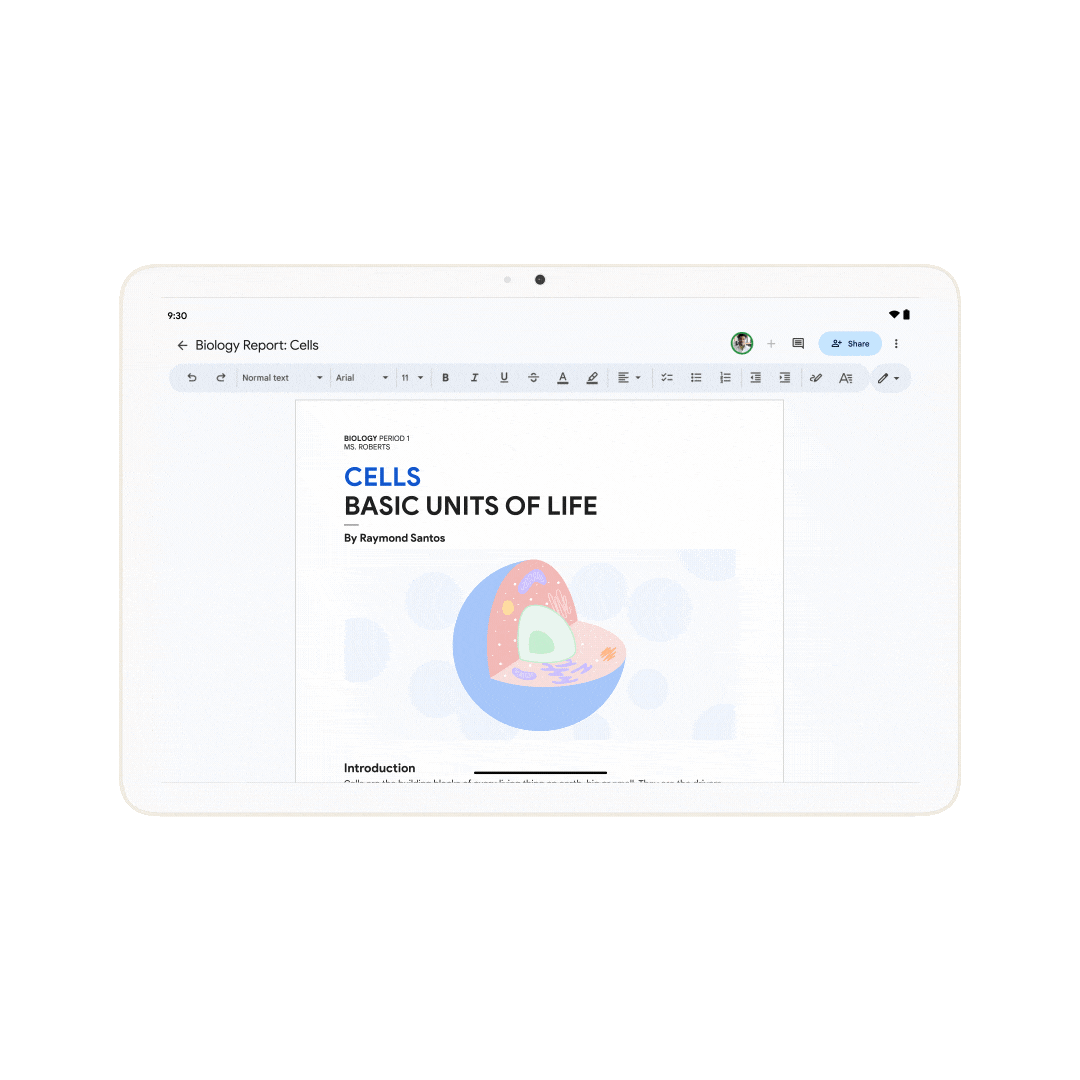 Marcar un informe de biología con anotaciones manuscritas en Google Docs en una tableta Android.