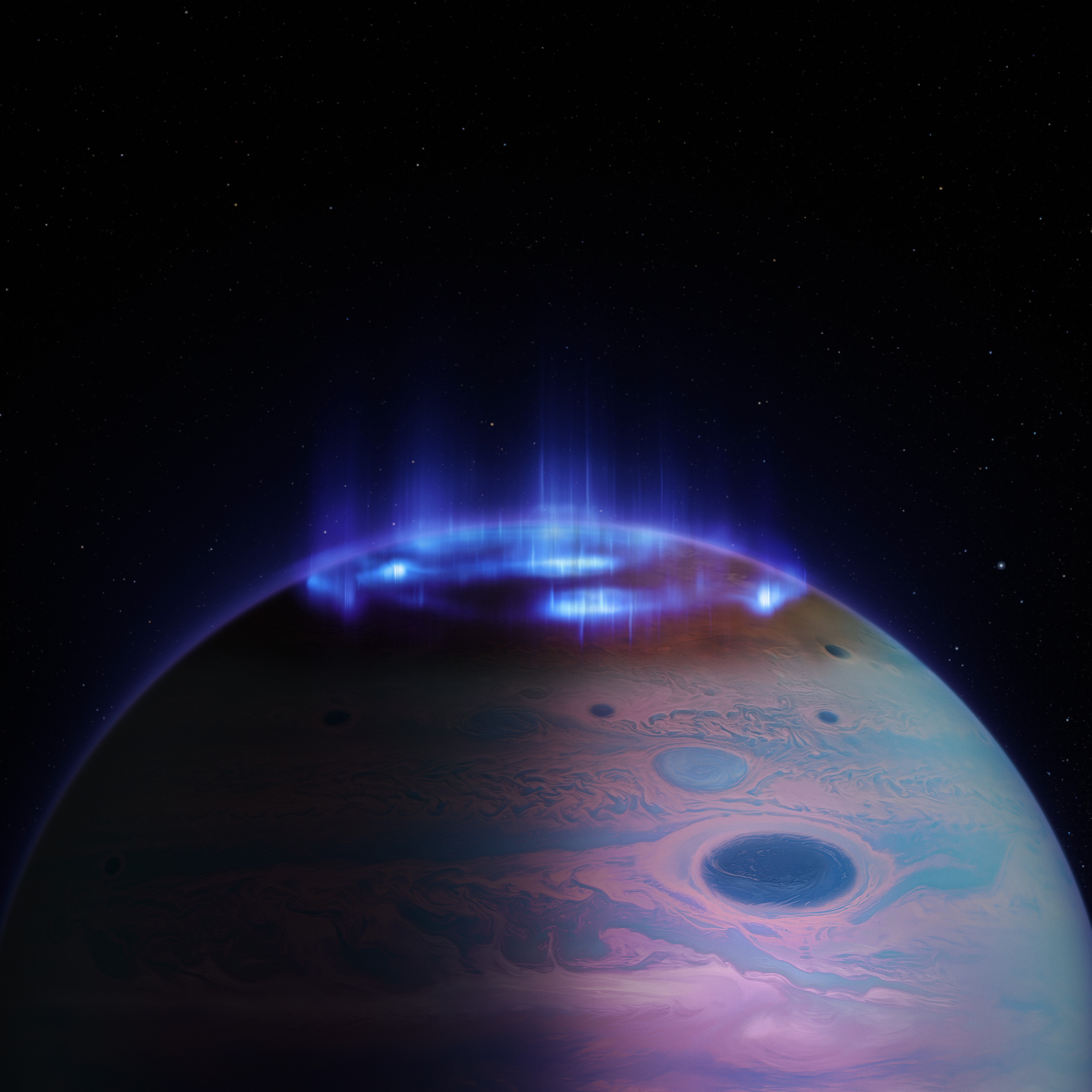Part of the planet filling up half the image, with an electric blue and purple aurora swirl at the top of the planet, while the rest of the planet also swirls with color. The left half of the planet is beginning to fall into shadow.