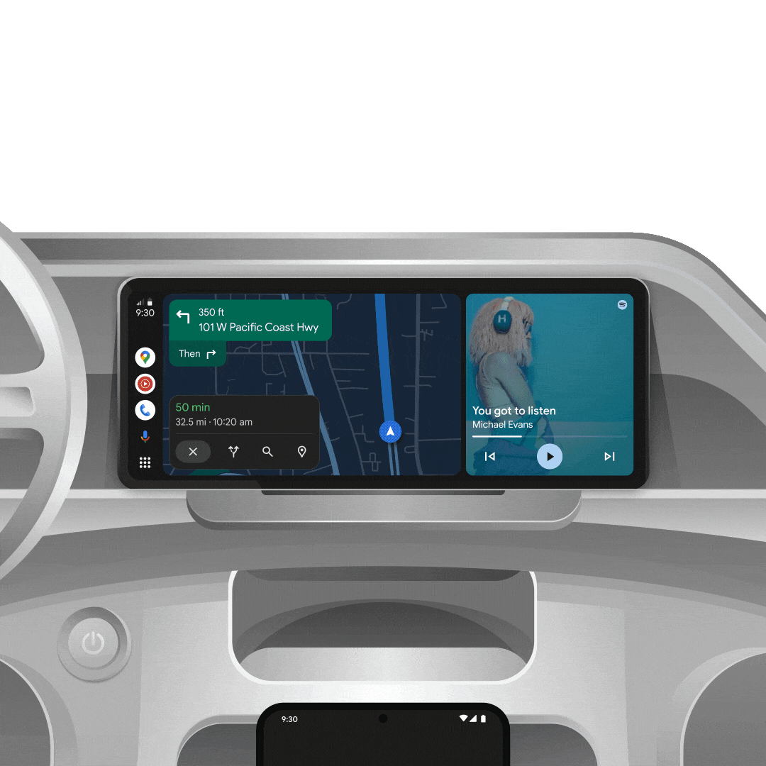 Hearing a text message read aloud on Android Auto and replying with a smart prompt response.