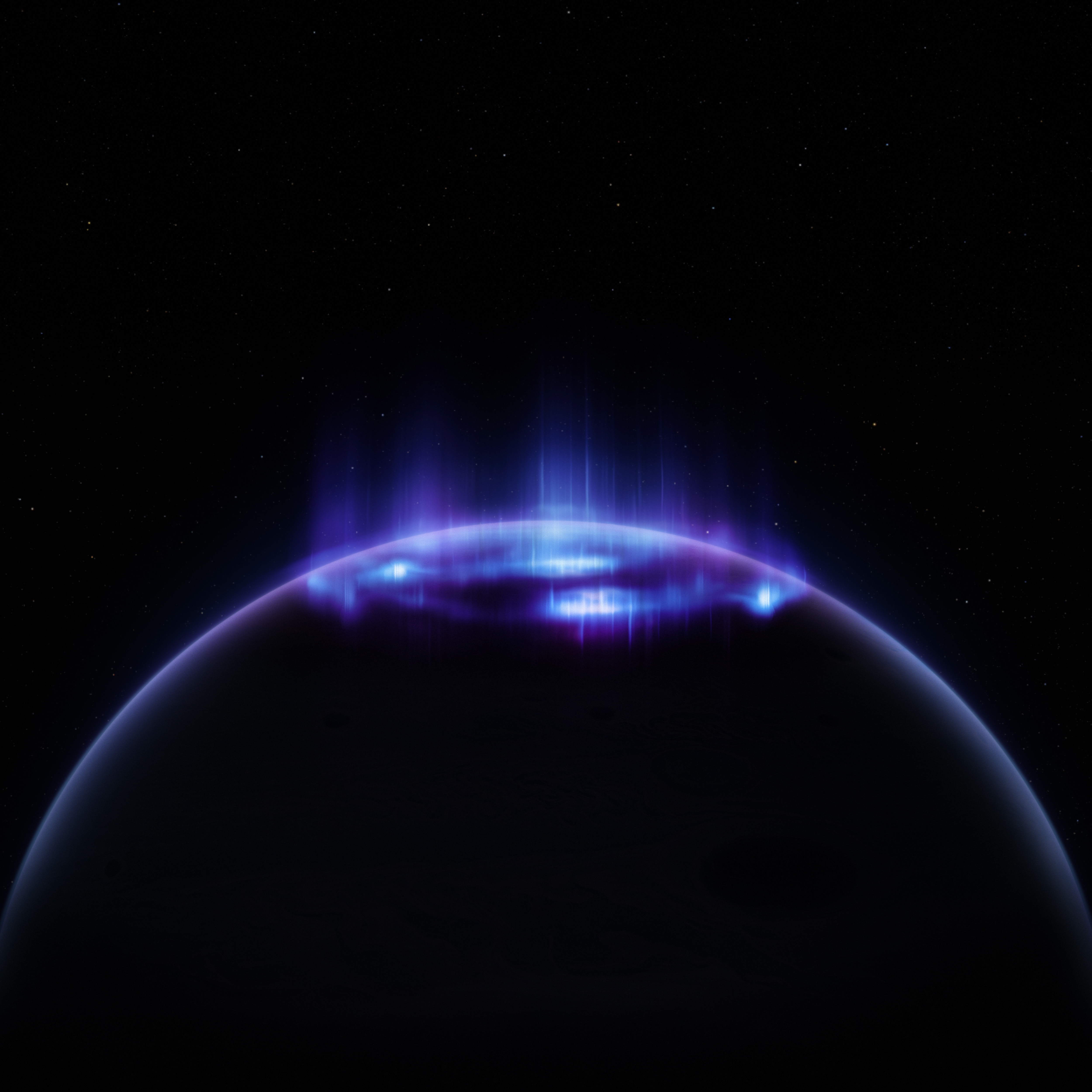 Part of the planet filling up half the image, with an electric blue and purple aurora swirl at the top of the planet, while the rest of the planet remains dark