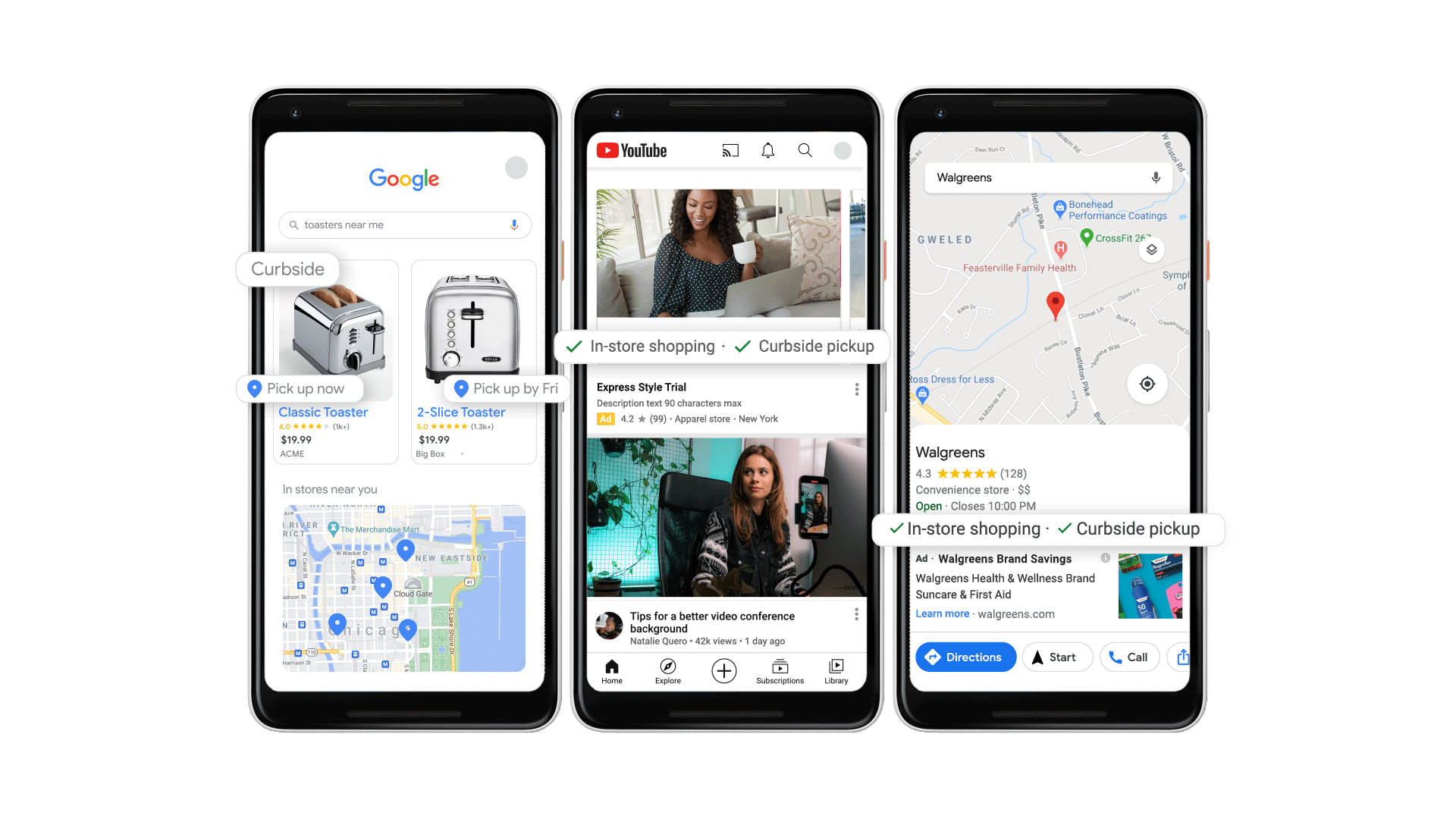 From left to right: An image showing curbside pick up, and pick up later options, for a classic toaster.  An image showing In-store shopping and curbside pickup labels for YouTube local ads.  An image showing In-store shopping and curbside pickup labels for Maps local ads