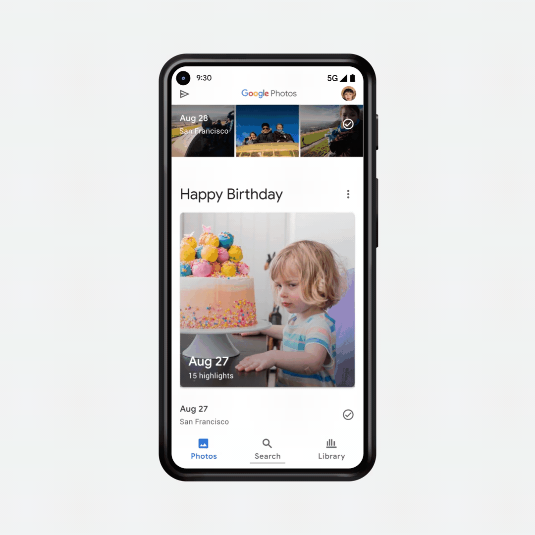 A cursor taps on a box that says “Happy Birthday”. A 4-year-old girl with blond hair and blue eyes appears in a series of photos with a birthday cake, all memories from a birthday party event.