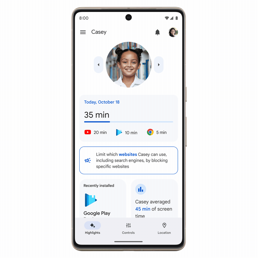 The Family Link app UI is shown on a Pixel 7 phone. The gif shows the Highlights tab which has insights and snapshots of the child’s activity, the Controls tab where users can set controls and manage settings, and the Location tab that shows a map with the location of the user’s children.